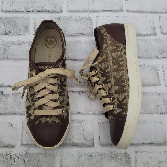 MK Michael Kors Logo Sneakers Brown Tan Canvas Leather Cap Toe Size 6.5 - Picture 1 of 10